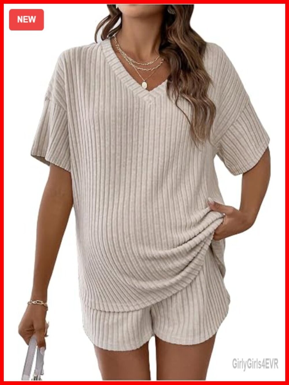 Maternity 2 Piece Outfits V Neck Short Sleeve Top and Elastic Waist Shorts Set